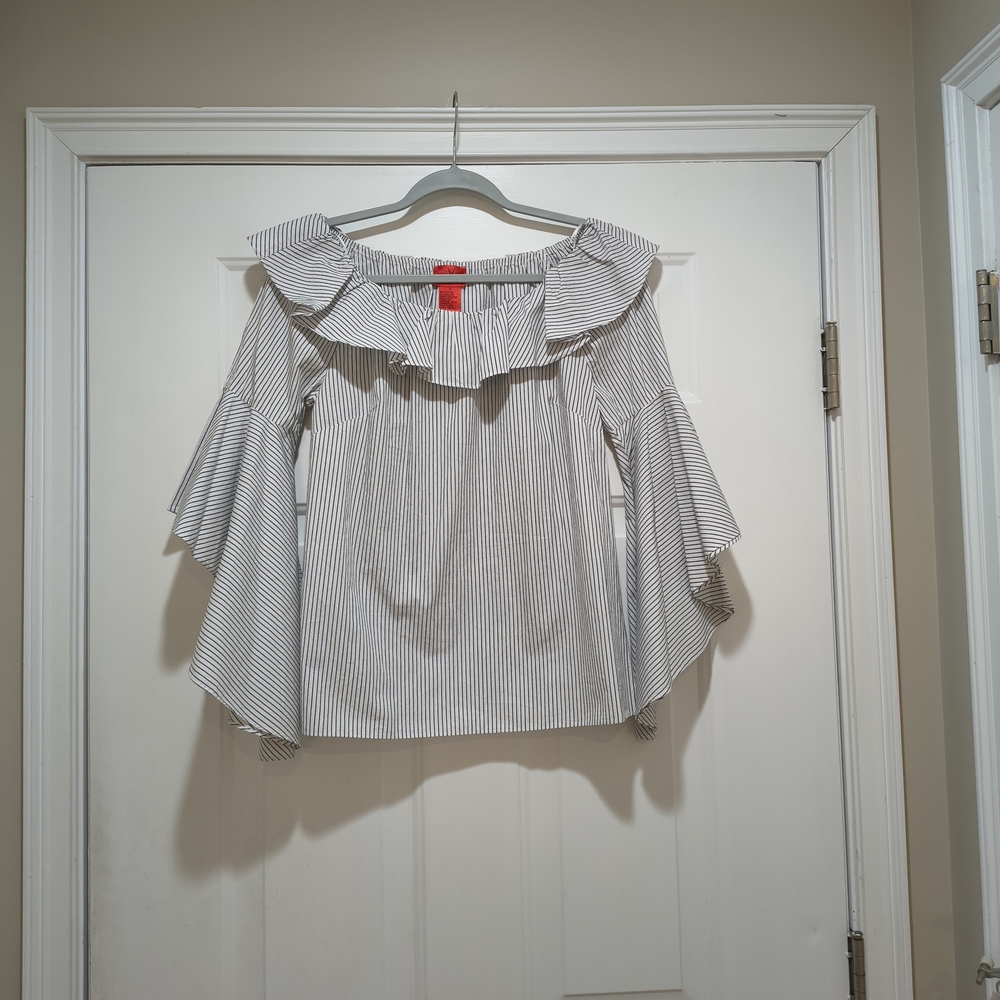 Cristina Stripe Poplin Ruffles Blouse With Bell Sleeves Size Small